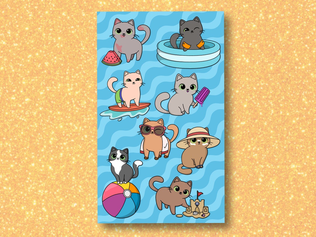 Summer Kitties - Waterproof Glossy Vinyl Cat Sticker Sheet - Etsy