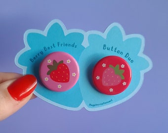 Berry best friends - Cute 1 inch strawberry button pin duo - gift for best friends