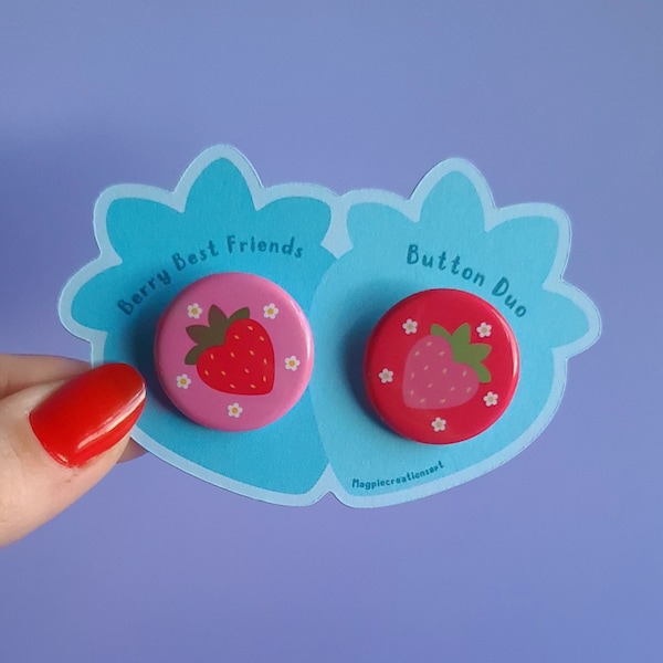 Berry best friends - Cute 1 inch strawberry button pin duo - gift for best friends