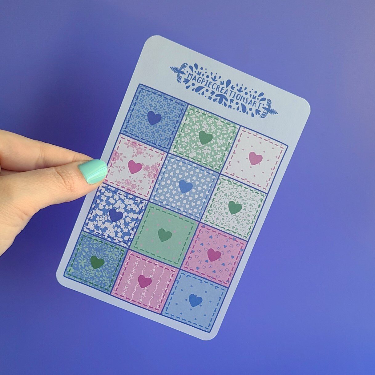 Purple pink and green quilt - Matte paper patchwork sticker sheet