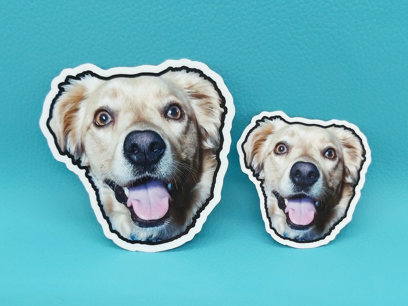 May include: Two stickers featuring a smiling golden retriever dog face with a black outline. The dog has brown eyes, a black nose, and a pink tongue. The stickers are on a turquoise background.
