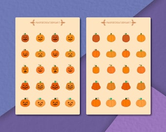 Peut inclure: Deux feuilles d'autocollants représentant des citrouilles orange et brunes en forme de jack-o'-lanternes avec différentes expressions faciales. Les autocollants sont sur un fond beige clair avec le texte "MAGPIECREATIONSART" en haut de chaque feuille.