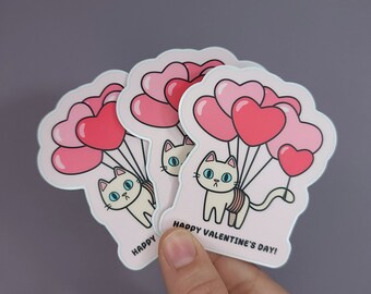 Pegatinas de vinilo mate resistente al agua o tarjetas de papel brillante con forma de gatito en forma de globo para San Valentín