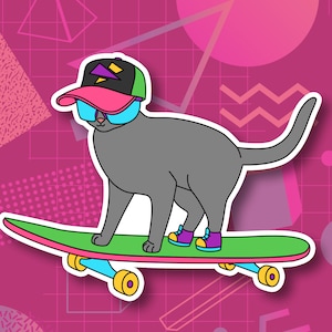 Chat skateur - Sticker vinyle brillant imperméable