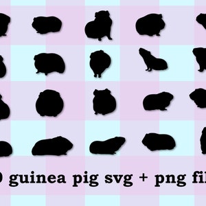May include: Twenty black silhouette images of guinea pigs in various poses. The images are arranged in a grid pattern on a light blue and pink checkered background. The text "20 guinea pig svg + png files" is at the bottom of the image.