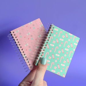 May include: Two small spiral bound notebooks with candy cane and swirl designs. The notebook on the left is pink with white candy canes and swirls. The notebook on the right is light blue with white candy canes and swirls.