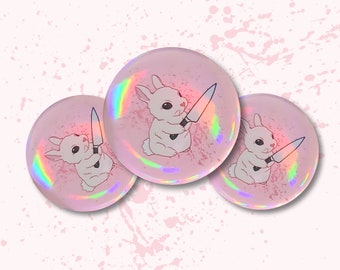 Adorable bunny with knife pin-back button - murder bunny button pin