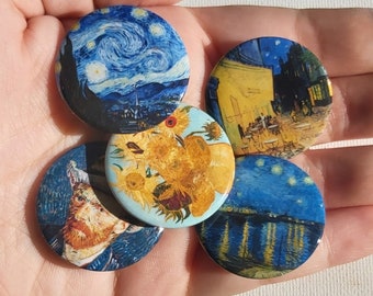 Van Gogh painting pin-back buttons - set of 5 metal button pins
