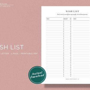 Wunschliste | Druckbar | Wünsche vs. Bedürfnisse | Minimal | Organisation | A4 & US Letter | Sofort Download