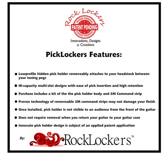 Picklockers™ Guitar Pick Holder Kit Including High Capacity Pick Holder  With Included 3M Command Velcro Strips 