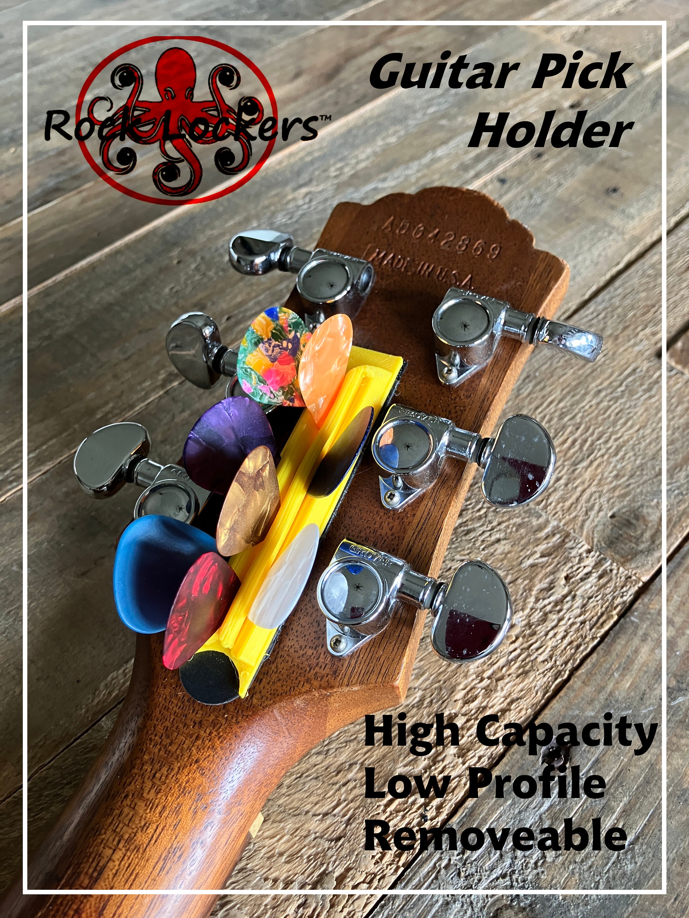 Picklockers™ Guitar Pick Holder Kit Including High Capacity Pick Holder  With Included 3M Command Velcro Strips 