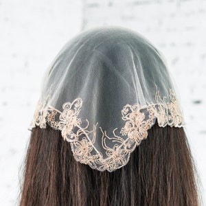 READY-TO-SHIP Beige Headband Kerchief Tulle with embroidery Head wrap for mass Head Covering Church head covering