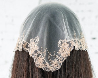 READY-TO-SHIP Beige Headband Kerchief Tulle with embroidery Head wrap for mass Head Covering Church head covering