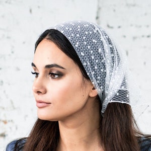 READY-TO-SHIP. Tender Headband Kerchief Tulle with velvet polka dots Head wrap Mass Head Covering Church Veil