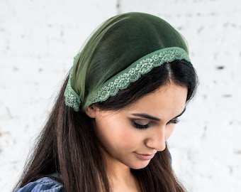 READY-TO-SHIP. Church mantilla with soft lace Green Christian head covering Orthodox veil Catholic veil Church Chapel mantilla wrap shawl