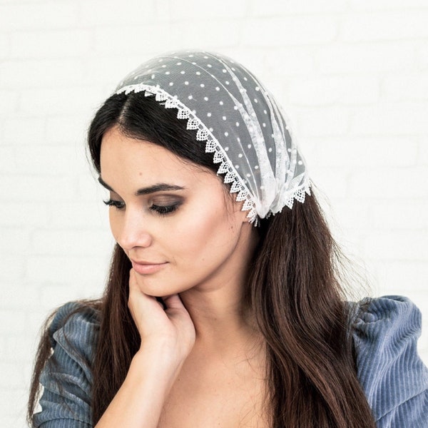 LISTO PARA ENVIAR. Diadema/pañuelo/pañuelo 3 en 1. Puntos de terciopelo Decoración de encaje Lazos Cobertura para la cabeza de la iglesia Pañuelo para la cabeza de la iglesia ortodoxa o capilla