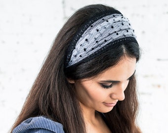 READY-TO-SHIP 3 in 1 Headband \Wrap \Kerchiefs. velvet dots Lace decoration Ties Church head covering Orthodox Church or Chapel head wrap