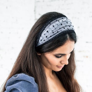 READY-TO-SHIP 3 in 1 Headband \Wrap \Kerchiefs. velvet dots Lace decoration Ties Church head covering Orthodox Church or Chapel head wrap