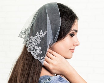 READY-TO-SHIP Embroidered Church Head wrap Women head covering Orthodox veils Catholic veil Church or Chapel veil mantilla for women