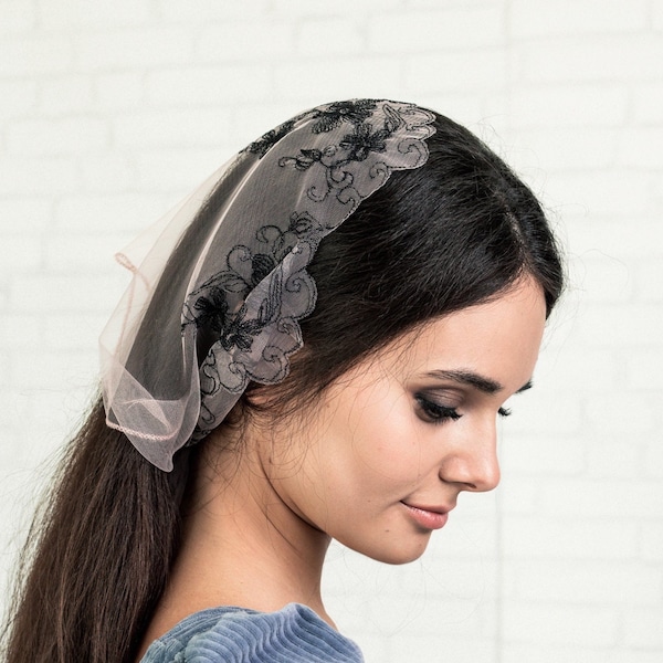 READY-TO-SHIP Blush pink, black embroidery Church Head wrap Women covering Orthodox veils Catholic Church or Chapel veil mantilla for women