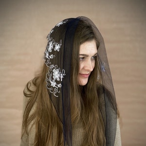 Blue with white embroidared Church Head wrap  head covering Orthodox veils Catholic veil Church or Chapel veil mantilla for women