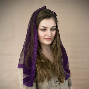 READY-TO-SHIP. Brown Purple Dotted Catholic mantilla  Catholic veil Church Head wrap or Chapel veil Shawl Women Head covering