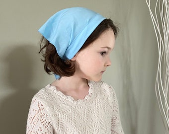 READY-TO-SHIP Soft cotton kerchiefs for Girl Light blue\beige Church head covering wrap Orthodox veil  Catholic tie wrap Chapel veil