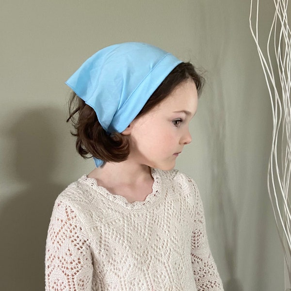 READY-TO-SHIP Soft cotton kerchiefs for Girl Light blue\beige Church head covering wrap Orthodox veil  Catholic tie wrap Chapel veil