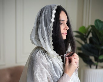 READY-TO-SHIP Hooded mantilla floral lace Church Kid's and Adult's Head covering  Orthodox Head wrap Catholic veil  Church or Chapel veil