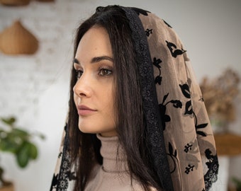 READY-TO-SHIP. Beige\Black\Lilac , black velvet flowers Head covering Church head wrap Catholic veil Chapel mantilla kerchief floral