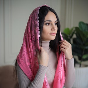 Coral Soft Lace Infinity Church mantilla head covering shawl Orthodox  Catholic veil Church or Chapel veil mantilla scarf