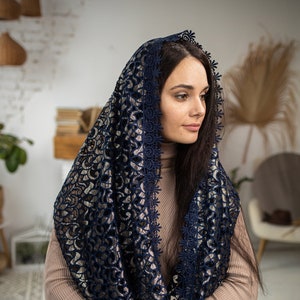 READY-TO-SHIP Navy blue\Gold lace Infinity mantilla head covering shawl Orthodox Catholic veil Church or Chapel veil mantilla  for mass