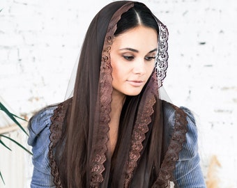 READY-TO-SHIP Brown Infinity head covering shawl decorated with lace Orthodox Catholic veil Church or Chapel mantilla scarf for veiled women