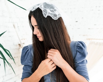 READY-TO-SHIP. White/black  lace chapel round veil Shantilly lace mantilla Head wrap for mass Church head covering Catholic  lace cap