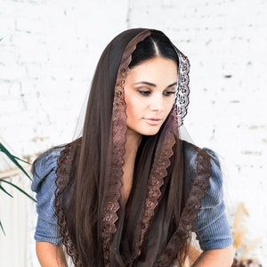 READY-TO-SHIP Brown Infinity head covering shawl decorated with lace Orthodox Catholic veil Church or Chapel mantilla scarf for veiled women