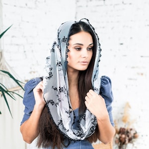 READY-TO-SHIP White with black velvet flowers Infinity head covering shawl Catholic veil Church or Chapel mantilla scarf Women head wrap