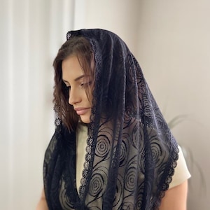 READY-TO-SHIP Black lace Infinity Church mantilla head covering shawl Catholic veil Church or Chapel veil mantilla scarf