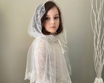 Hooded mantilla with floral Embroidery Church Kid's and Adult's Head covering  Orthodox Head wrap Catholic veil  Church or Chapel veil