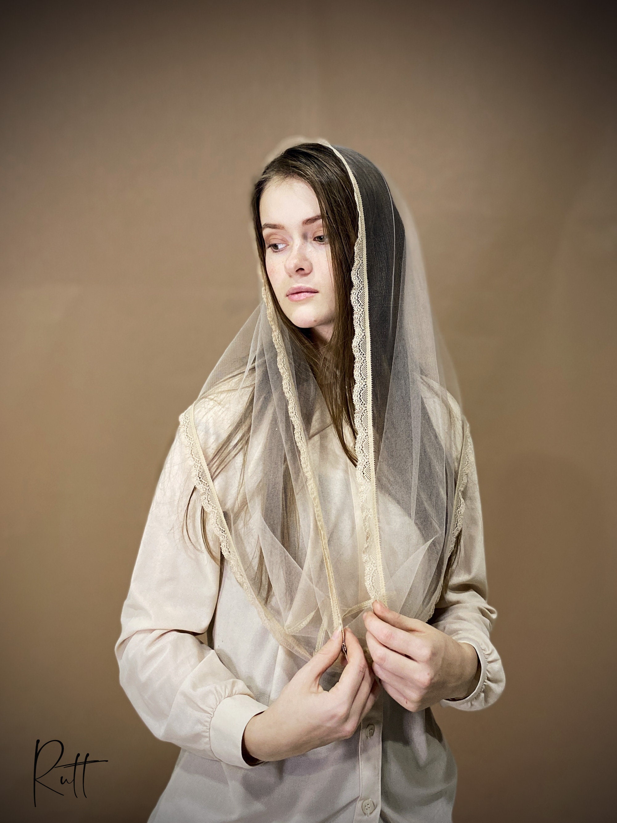 Beige Infinity head covering Catholic veil Church or Chapel veil mantilla scarf Purple for lent