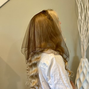 READY-TO-SHIP Tender brown Headband Kerchief Tulle with Rhinestones decoration Head wrap Latin Mass Head Covering Church Veil