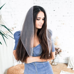 May include: A woman with long dark hair wearing a light blue dress with a zipper down the front. She is wearing a sheer white scarf over her head.