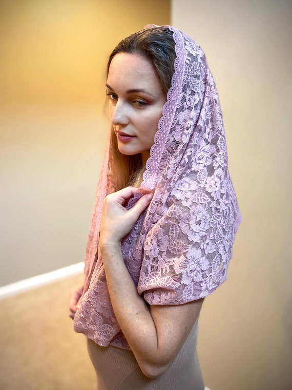 Pink Soft Lace Infinity Church Mantilla Head Covering Shawl