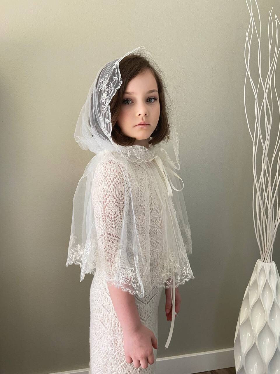 Hooded mantilla with floral Embroidery Church Kid's and Adult's Head…