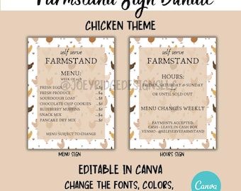 May include: A bundle of two signs with a chicken theme. The signs are for a farmstand and include a menu and hours of operation. The signs are editable in Canva, allowing for font, color, and wording changes.