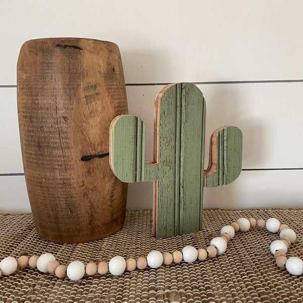 Rustic Wood Cactus Decor: Handmade Desert Shelf Sitter.