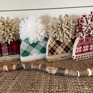 Winter wood hat with pom pom, Tiered Tray Winter Decor, beanie, winter hat, Christmas decor, winter decor.