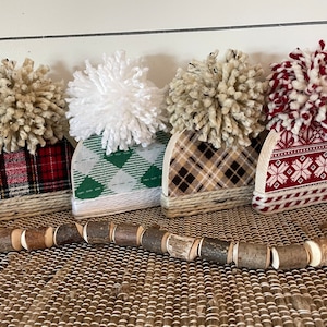 Winter wood hat with pom pom, Tiered Tray Winter Decor, beanie, winter hat, Christmas decor, winter decor.