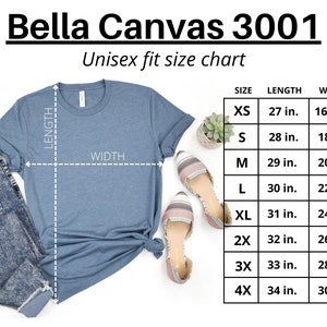 Puede incluir: Una tabla de tallas para camisetas unisex Bella Canvas 3001. La tabla muestra la longitud y el ancho en pulgadas para las tallas XS a 4X.