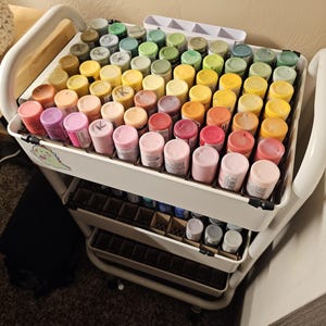 May include: A white rolling cart with three shelves, each filled with small bottles of paint. The bottles are arranged in rows by color, starting with green, yellow, orange, red, pink, and ending with purple. The cart has a handle on the side and is on a carpeted floor.