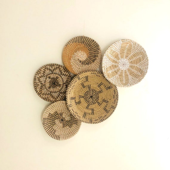 Set of 5 Hanger Wall Plate, Wall Baskets, Boho Wall Art, Bohemian Basket, Wicker Wall Tray, Wicker Baskets, Basket Wall Decor, Wall Hanging.